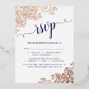 Roze Goud & Marineblauw op Witte Elegante Trouw-RS Folie Uitnodiging Briefkaart