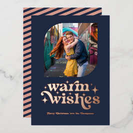 Roze goud & marineblauwe moderne retro kerstfoto folie feestdagenkaart