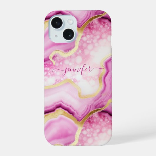 Roze Goud Marmer Agate Geode Geïnitialiseerd Chic iPhone 15 Case (Achterkant)