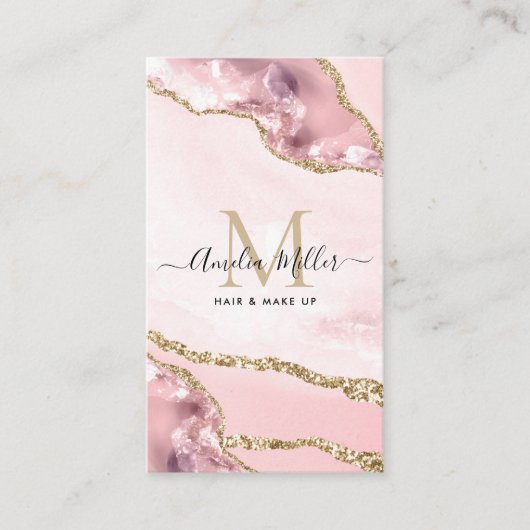 Roze Goud Marmer Agate Haar Make-up Monogram Visitekaartje (Voorkant)