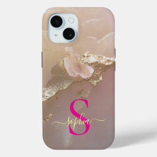 Roze goud marmer goud glitters monogram iPhone 15 case
