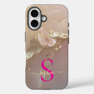 Roze goud marmer goud glitters monogram iPhone 16 hoesje