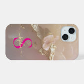 Roze goud marmer goud glitters monogram iPhone 15 case (Achterkant horizontaal)