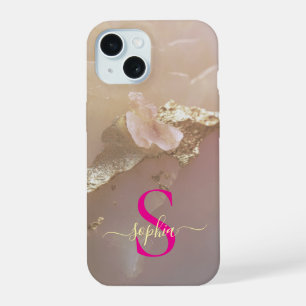 Roze goud marmer goud glitters monogram iPhone 15 case