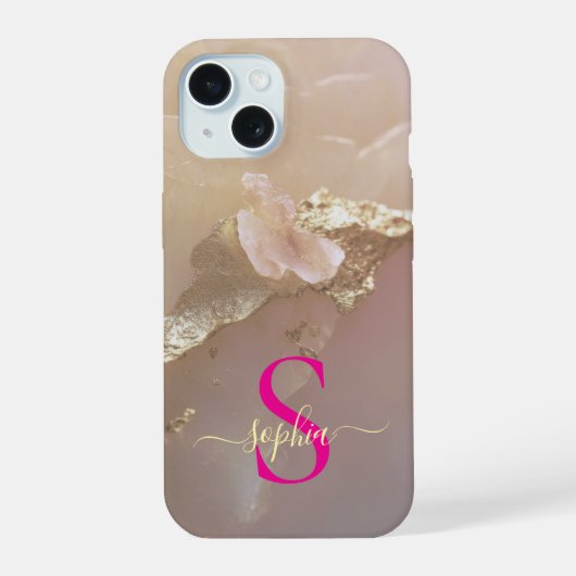 Roze goud marmer goud glitters monogram iPhone 15 case (Achterkant)