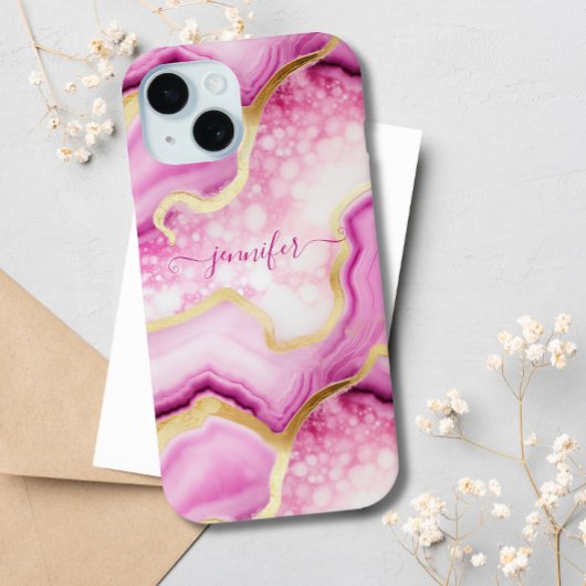 Roze Goud Marmeren Agaat Geode Monogrammed Chic Case-Mate iPhone Case