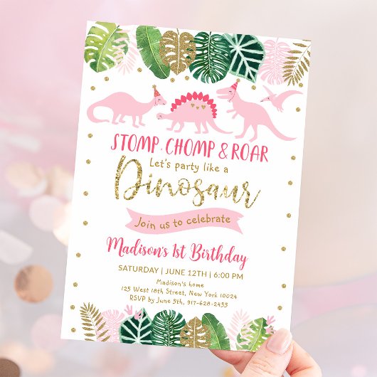 Roze & Goud Meisje Dinosaurus Verjaardag Kaart