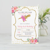 Roze Goud MEISJE DINOSAURUS VERJAARDAG uitnodiging (Staand voorkant)