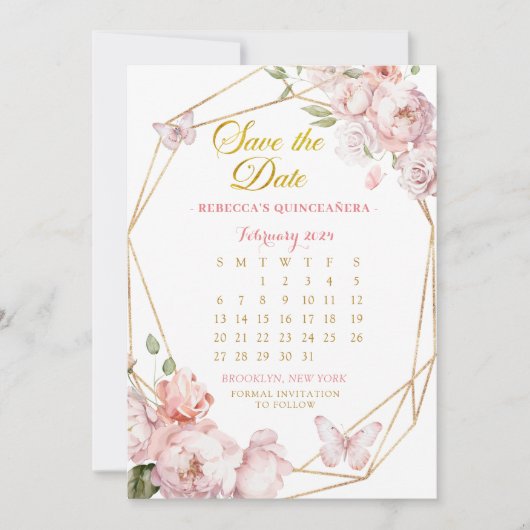 Roze Goud Meisje Quinceañera Save The Date Kalende Kaart (Voorkant)