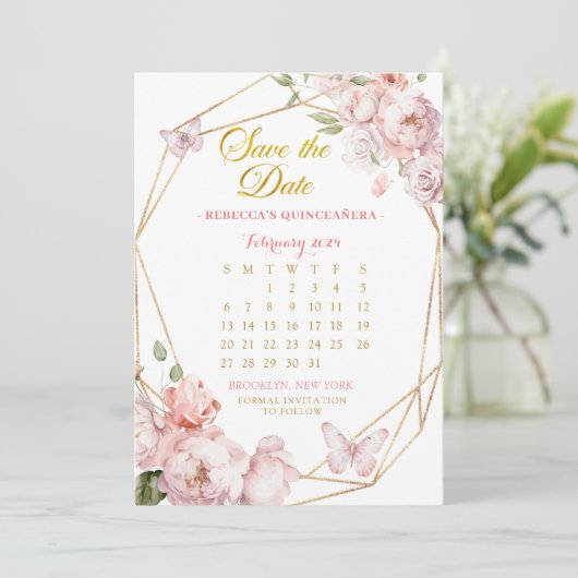 Roze Goud Meisje Quinceañera Save The Date Kalende Kaart (Staand voorkant)