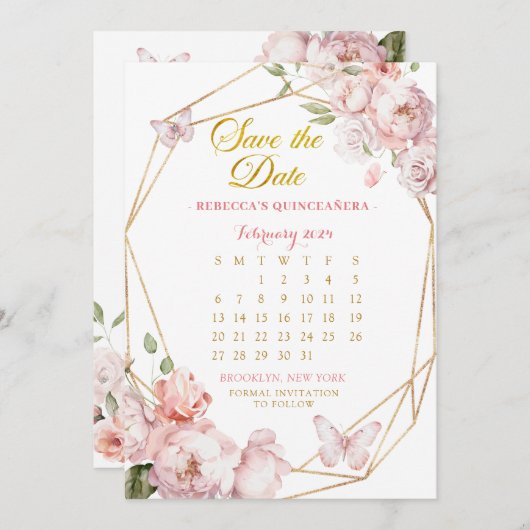 Roze Goud Meisje Quinceañera Save The Date Kalende Kaart (Voorkant / Achterkant)