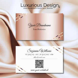 Roze Goud met Glanzende Lijnen en QR Code Elegant Visitekaartje