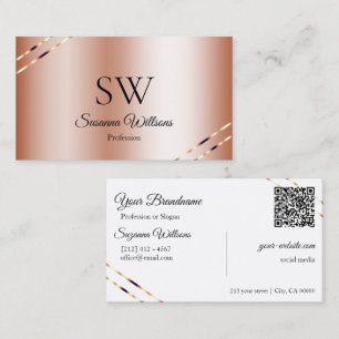 Roze Goud met Glanzende Lijnen Monogram QR Code Visitekaartje