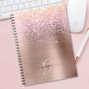 Roze Goud Metaal, Glitters, Naam in Schrijfletters Notitieboek
