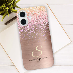 Roze Goud Metaal, Glitters, Script Naam & Initiaal iPhone 16 Hoesje