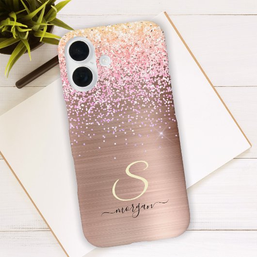 Roze Goud Metaal, Glitters, Script Naam & Initiaal Case-Mate iPhone Case