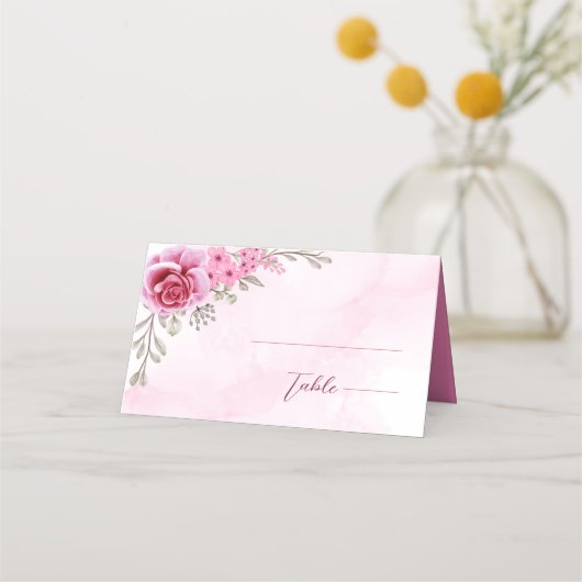 Roze Goud Minimalistische Bloemenbruiloft Plaatskaartje (Voorkant)