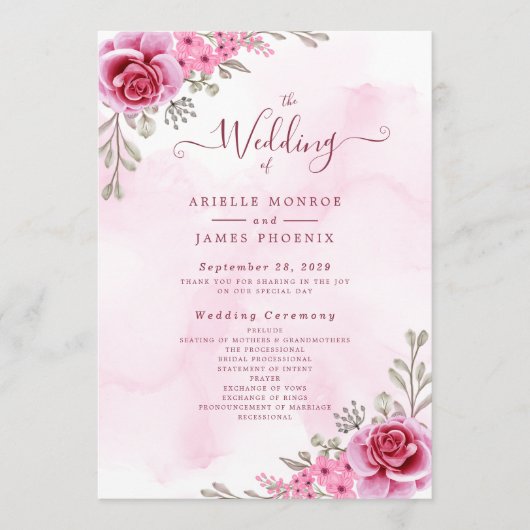Roze Goud Minimalistische Bloemenbruiloft Programmakaart (Voorkant)