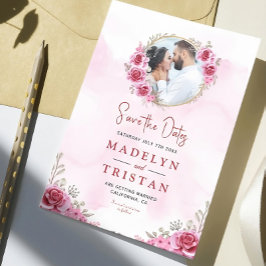 Roze Goud Minimalistische Bloemenbruiloft Save The Date