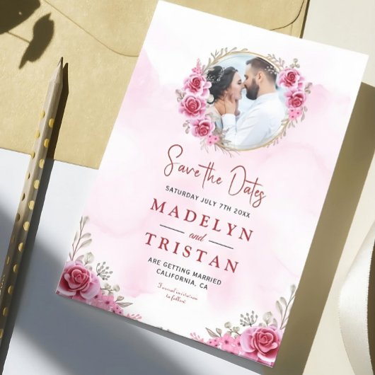 Roze Goud Minimalistische Bloemenbruiloft Save The Date