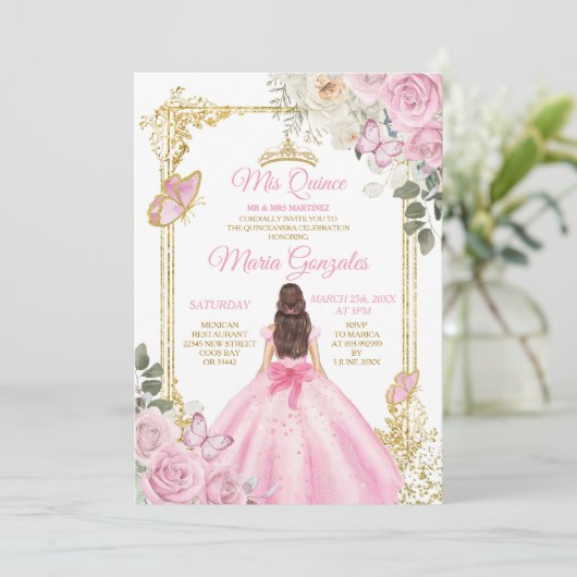 Roze & Goud Mis Quince 15 Anos Vlinder Kroon Kaart (Staand voorkant)