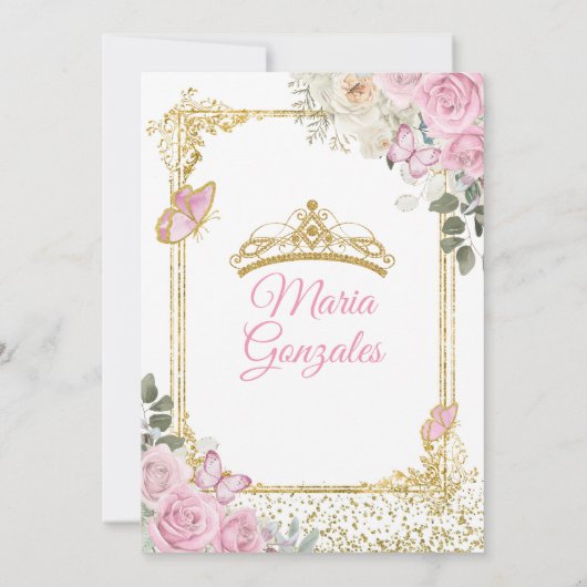 Roze & Goud Mis Quince 15 Anos Vlinder Kroon Kaart (Achterkant)