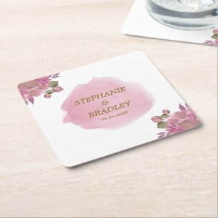 Roze Goud Modern Elegant Bloemen Waterverf bruilof Kartonnen Onderzetters