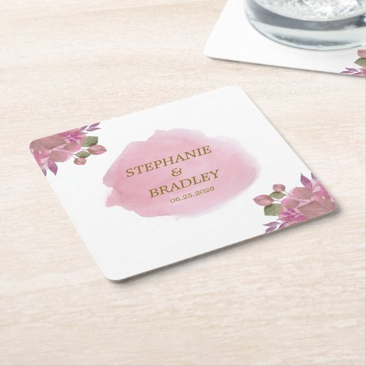 Roze Goud Modern Elegant Bloemen Waterverf bruilof Kartonnen Onderzetters (Schuin)