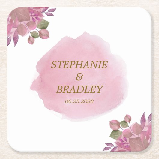 Roze Goud Modern Elegant Bloemen Waterverf bruilof Kartonnen Onderzetters (Voorkant)