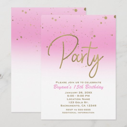 Roze & Goud Modern Glam Confetti Verjaardagsfeest Kaart (Voorkant / Achterkant)