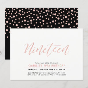 Roze Goud Moderne Lettering 19e Verjaardagsfeestje Kaart