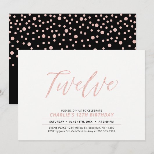 Roze Goud Moderne Lettertype 12e Verjaardagsfeestj Kaart (Voorkant / Achterkant)