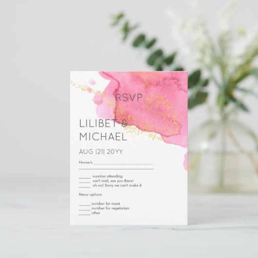 Roze Goud Moderne Trouw-RSvp met Menu (Staand voorkant)