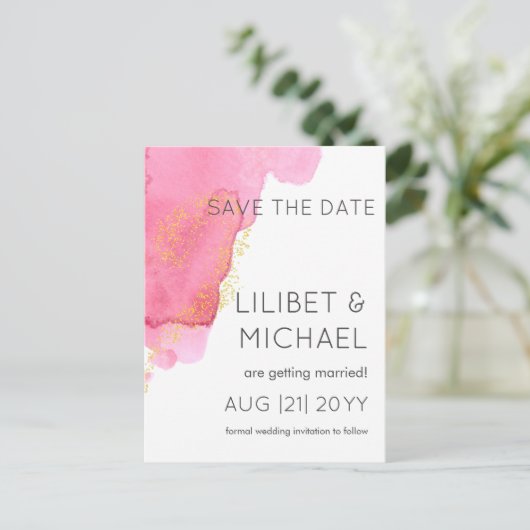 Roze Goud Moderne Trouwdatum Bewaar Postkaart (Staand voorkant)