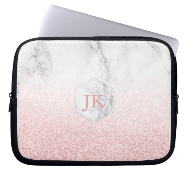 Roze Goud Monogram+ Sneeuw Bokeh + Marmer Laptop Sleeve (Voorkant)