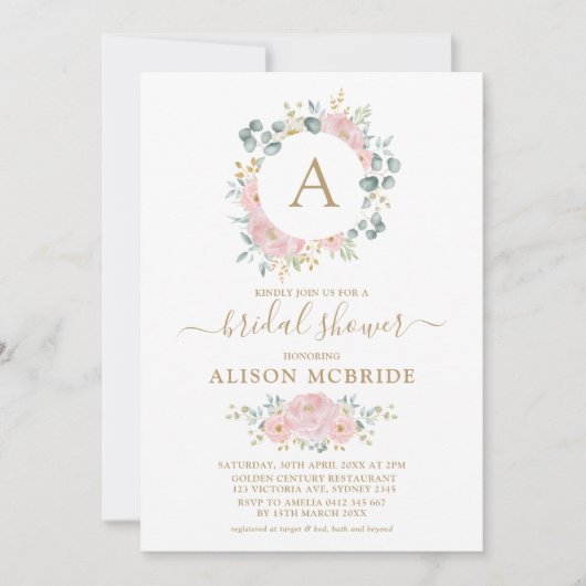 Roze Goud Monogram Waterverf Bloem Vrijgezellenfee Kaart (Voorkant)