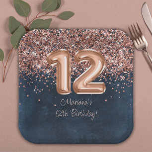 Roze Goud Navy Blauwe 12e Verjaardagsfeestje Papieren Bordje