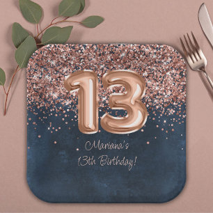 Roze Goud Navy Blauwe 13e Verjaardagsfeestje Papieren Bordje
