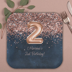 Roze Goud Navy Blauwe 2e Verjaardagsfeestje Papieren Bordje