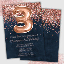 Roze Goud Navy Blauwe 3e Verjaardagsfeest Uitnodig