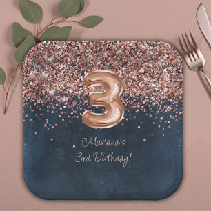 Roze Goud Navy Blauwe 3e Verjaardagsfeestje Papieren Bordje