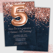 Roze Goud Navy Blauwe 5e Verjaardagsfeest Uitnodig