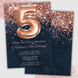 Roze Goud Navy Blauwe 5e Verjaardagsfeest Uitnodig Kaart