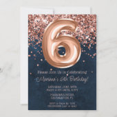 Roze Goud Navy Blauwe 6de Verjaardagsfeest Uitnodi Kaart (Voorkant)