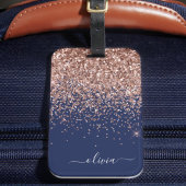 Roze Goud Navy Blauwe Glitter Monogram Bagagelabel