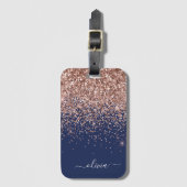 Roze Goud Navy Blauwe Glitter Monogram Bagagelabel (Voorkant (verticaal))