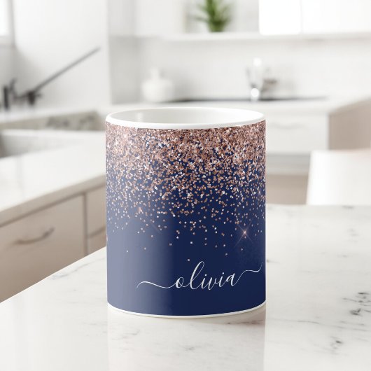 Roze Goud Navy Blauwe Glitter Monogram Koffiemok