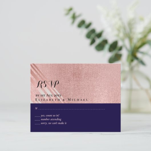 Roze Goud Navy Blauwe Glitters Glans Look BRUILOFT Briefkaart (Staand voorkant)