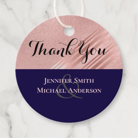 Roze Goud Navy Blauwe Glitters Glanzende Uitvoerin Bedankjes Labels (Voorkant)