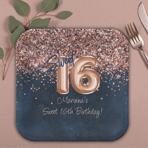 Roze Goud Navy Blauwe Sweet 16 Verjaardagsfeestje Papieren Bordje